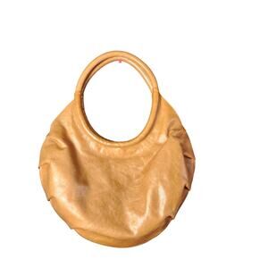 Rare HTF Zina Eva Pleated Camel Tan Leather Circle Shoulder Bag Purse EUC Boho